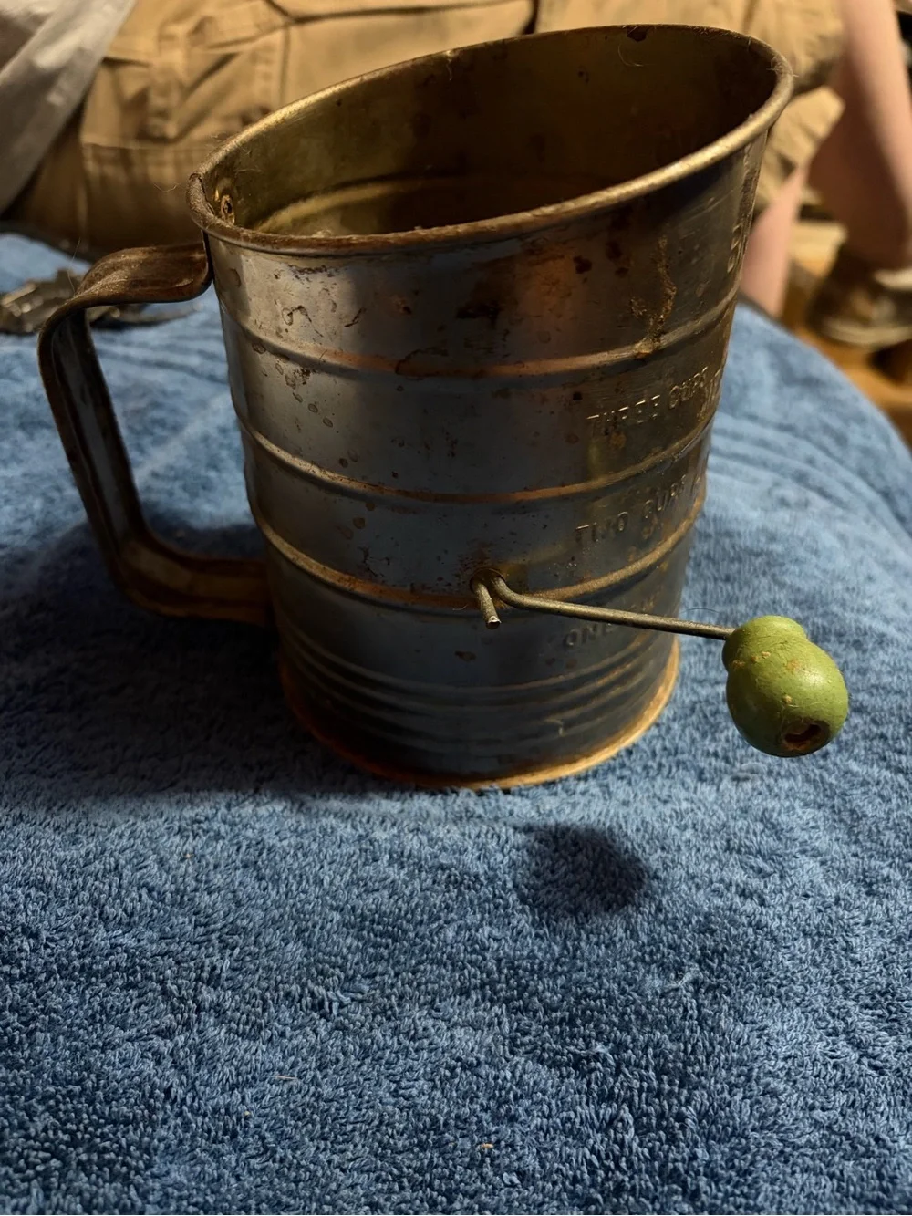 Bromwell's Vintage Metal Flour Sifter with Green Wooden Handle